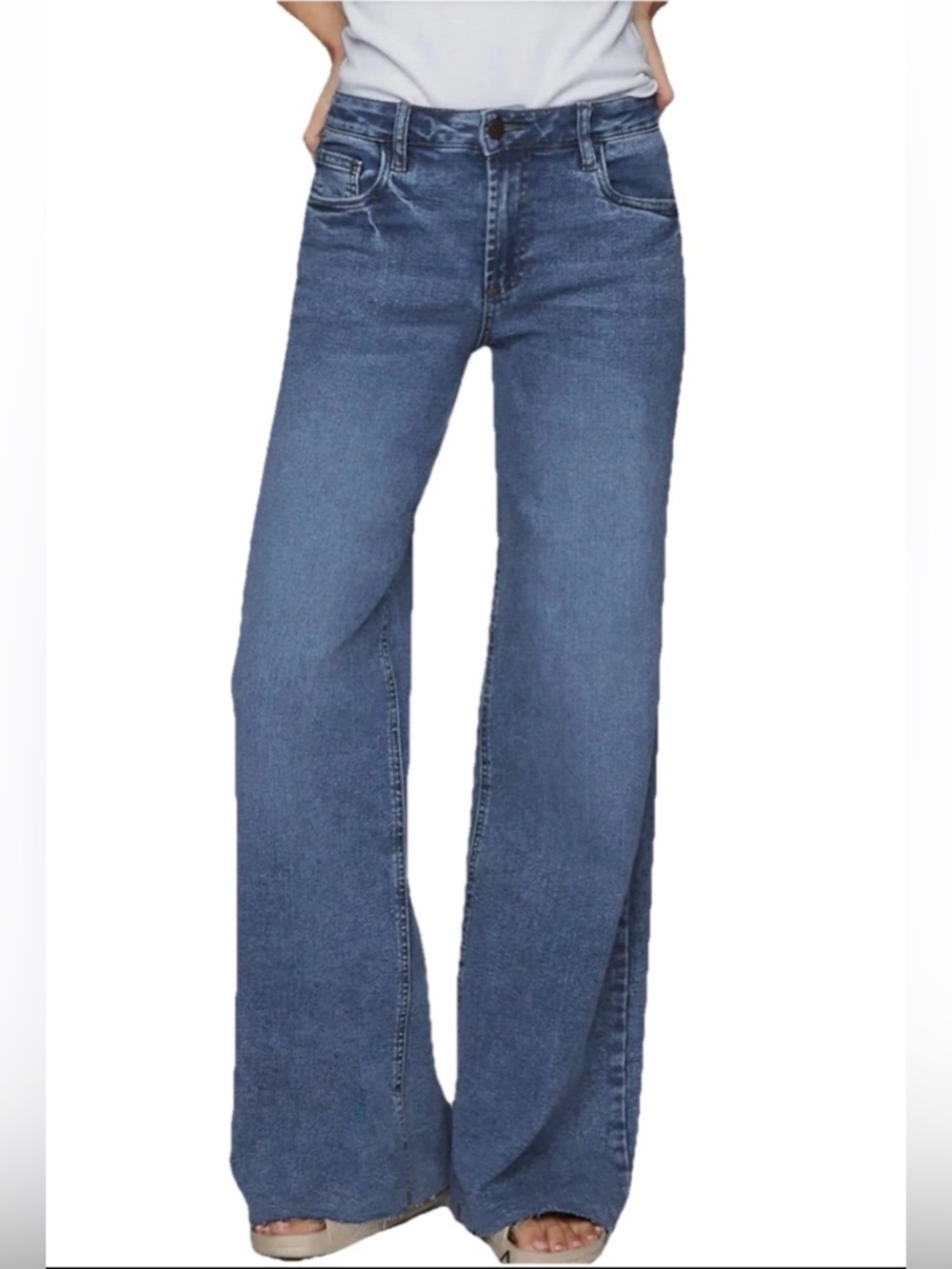Hint of Blu High-Rise Wide-Leg Raw Hem Jeans in Mid Blue Wash - 31